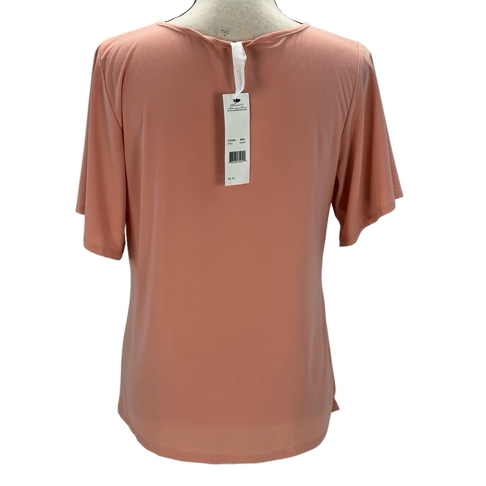 NY Collection Short Flutter Sleeve Mesh Neck Metal Detail Top - Pink - size PL - Picture 3 of 9